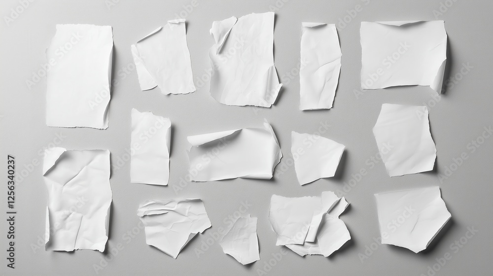 Poster crumpled white paper sheets adhering to gray surface, forming textural abstract pattern with irregul
