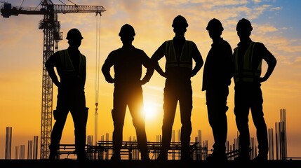 Five construction workers silhouettes are standing with hands on hips in a building site at sunset, with a crane and rebars in the background