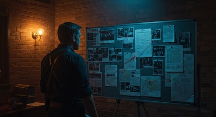 Detective examining evidence board in dimly lit room. Man investigates crime scene photos and documents. Police investigation mystery thriller concept.
