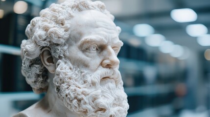 Naklejka premium Ancient marble bust of philosopher in museum display