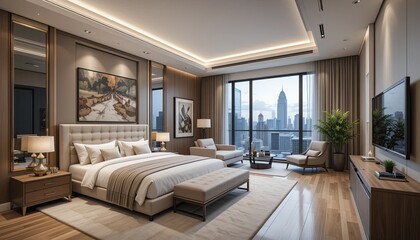 Fototapeta premium Interior Design with Elegant Bedroom and Living Room - Contemporary Architecture, Luxury Architecture, City Skyline View, and Office Building Layout for Modern Home and Commercial Spaces-