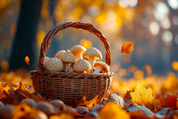 A basket full of mushrooms sitting on the ground surrounded by leaves