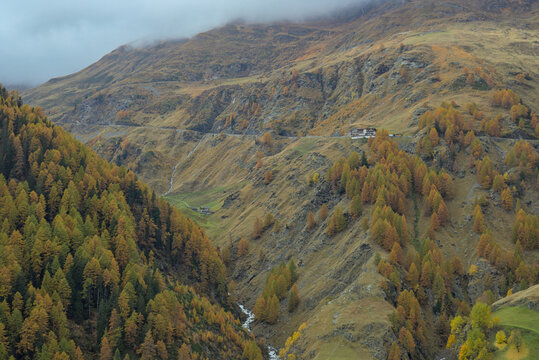 Vibrant autumn hues paint the rugged slopes of the alpine landscape. A winding road snakes its way through the valley, leading to a solitary building nestled amidst the colorful foliage.