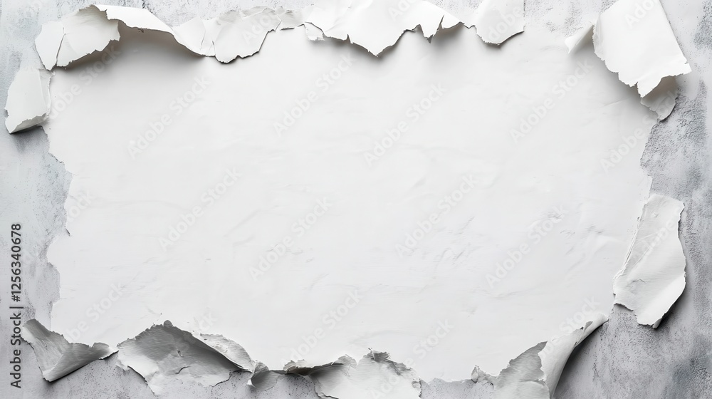 Poster torn white paper edges creating minimalist frame on textured gray concrete, providing clean negative