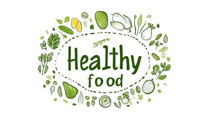 Naklejka premium Green logo design presenting fresh produce, hand drawn fruits, vegetables, herbs emphasizing natural, wholesome culinary ingredients