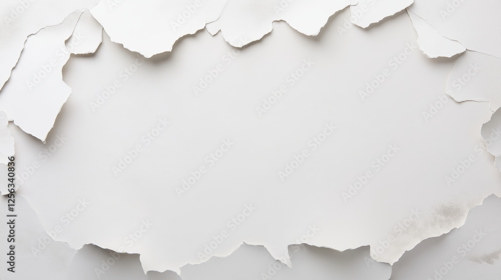 Poster paint peeling from weathered white wall, revealing textured surface with intricate decay patterns, o