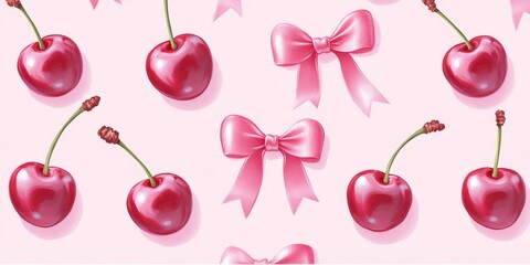 Seamless pattern featuring bright cherries paired with pink satin bows on a pastel pink background, creating a playful and romantic design