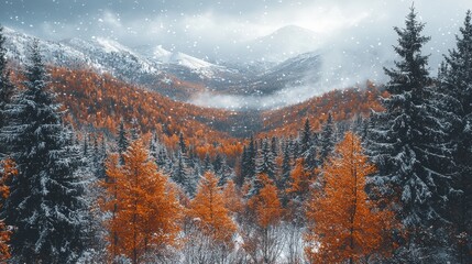 A serene winter landscape with orange foliage and snow-capped mountains.