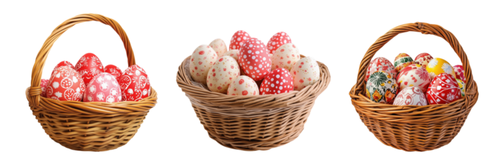 Set of a basket full of Easter eggs in pink color tone with cute pattern on transparent background.