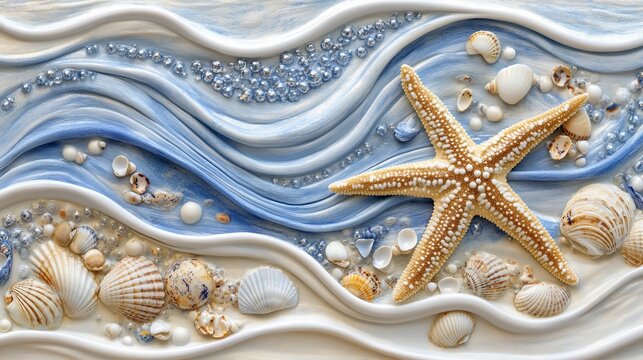 Decorative seashell starfish design on flowing wavy background