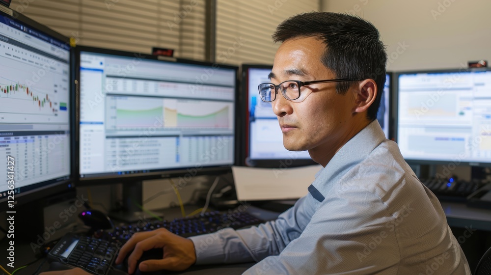 Poster financial analyst monitoring digital payment data in high-tech office setting for business insights