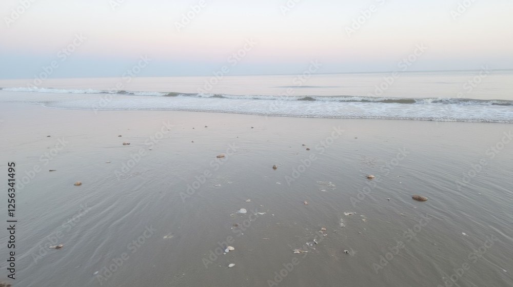 Poster tranquil beach scene with gentle waves and shells at dusk