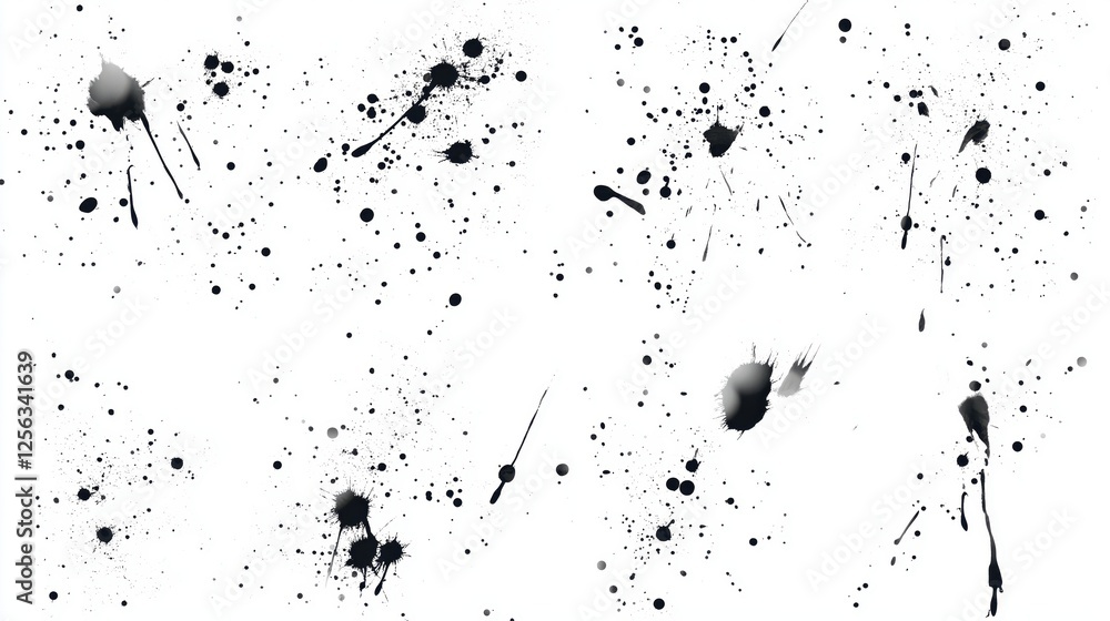 Aufkleber black ink splattering dynamically across pristine white surface, forming random abstract shapes with