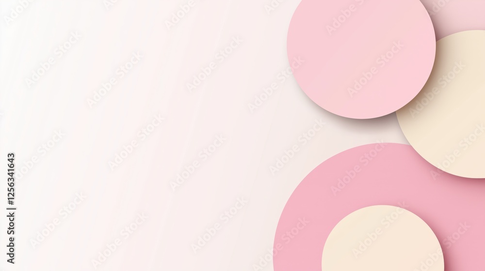 Poster soft pink and cream circles overlapping on pristine white surface, generating minimalist graphic des