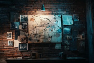 Detective investigation board with map, photos, and evidence on brick wall. Crime solving visualization. Police case analysis in moody lighting.