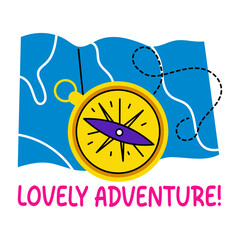 A flat sticker of a map with lovely adventure typography