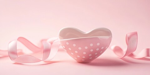 Close-up view of a polka dot ceramic bowl shaped like a heart with a flowing ribbon on a pink pastel background