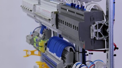 An electrical panel for the organization of electricity supply to the apartment. Close-up. Soft focus.