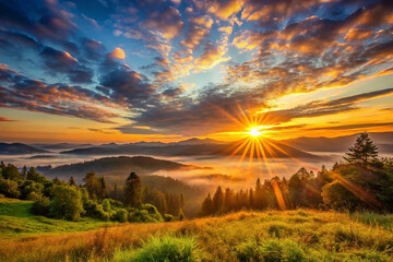 Mountain sunrise, misty valley, vibrant sky, scenic view, travel poster