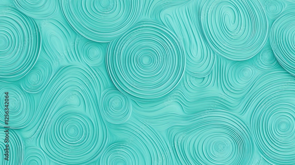 Poster turquoise concentric circles generating sleek, geometric pattern with dynamic visual flow, represent