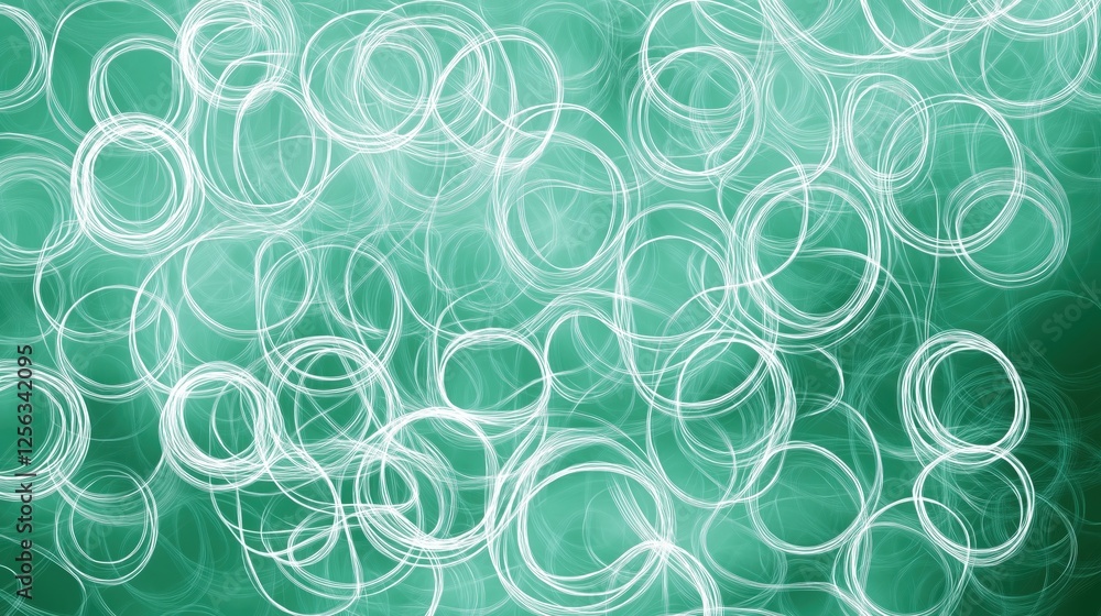 Poster green abstract backdrop displaying intertwined white rings, creating dynamic visual flow with swirli