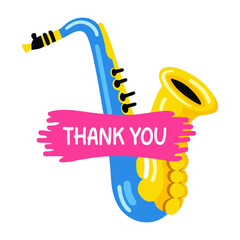 Saxophone with thank you typography sticker in flat style