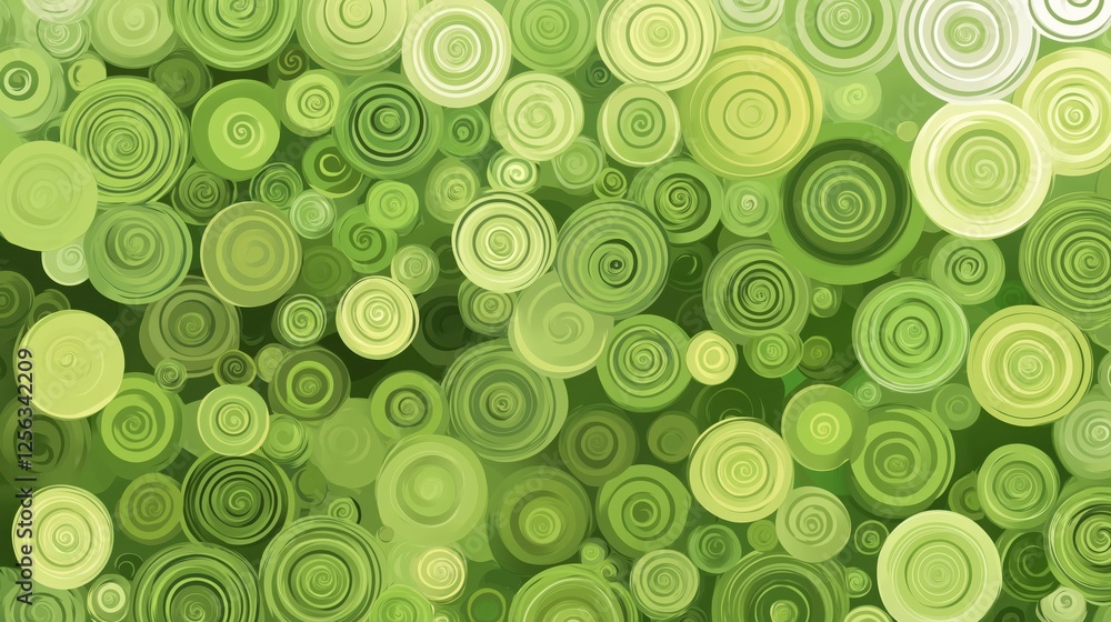 Poster vibrant green concentric circles swirling dynamically, generating rhythmic visual energy with spiral