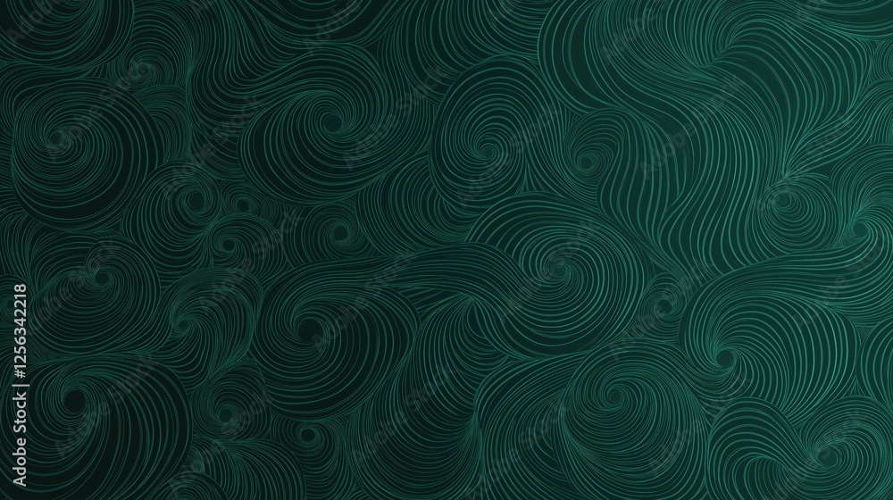 Poster green swirling lines intertwining dynamically, generating elegant abstract pattern representing flui