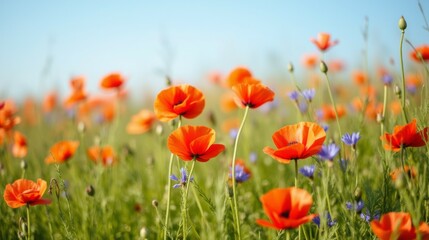 Fototapeta premium Vibrant Orange Poppies and Blue Flowers in a Sunlit Meadow