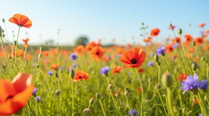 Fototapeta premium Vibrant Wildflower Meadow with Poppies and Cornflowers in Bloom