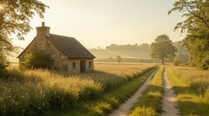 Obraz premium Serene Countryside Scene with Cottage and Sunlit Meadow Pathway