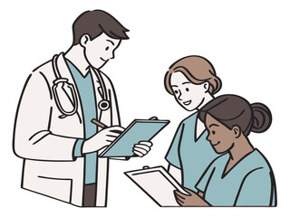 Fototapeta premium a male and female doctor consulting a patient in a clinical setting, with stethoscopes and medical charts, isolated on white background. 