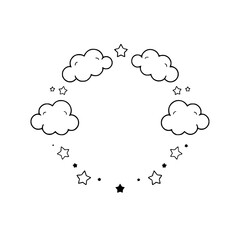 Cloudy Dreamscape: A minimalist illustration of clouds and stars arranged in a circular pattern on a white background.