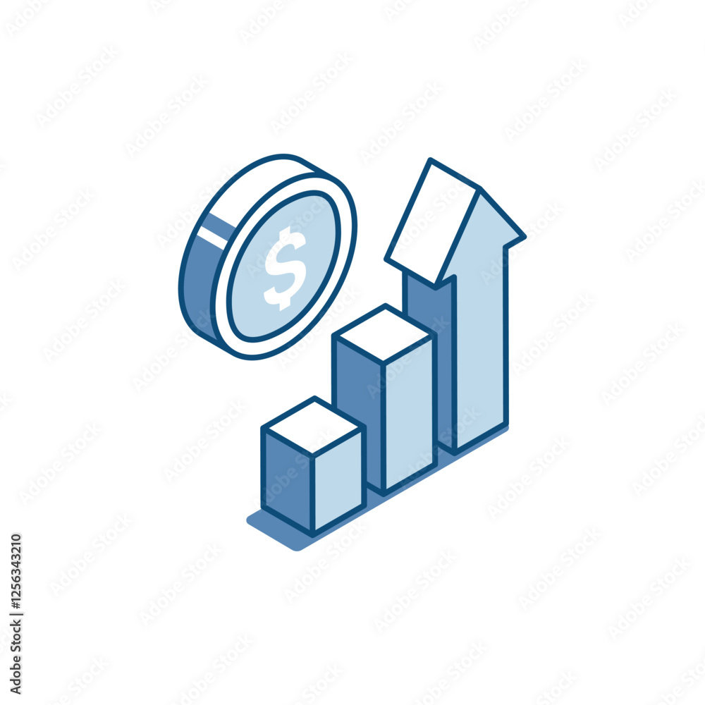 Poster isometric vector linear icon of chart with arrow and dollar coin, in color on white background, fina