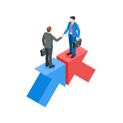 isometric vector business men shaking hands standing on arrows pointing towards each other, in color on white background, agreement or cooperation in business