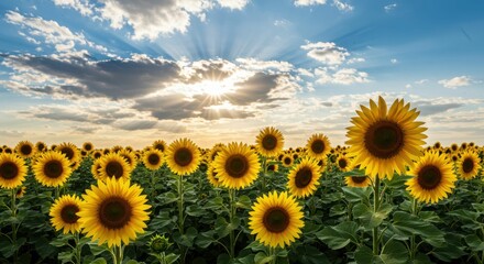 Fototapeta premium Vibrant sunflower field under a bright sky with sunbeams