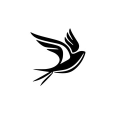 Black and White Silhouette of a Flying Swallow on White Background.