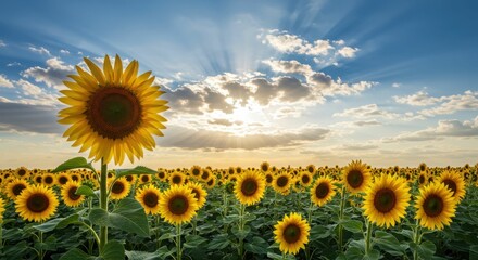 Fototapeta premium Sunflower field at sunset with dramatic sky and sunbeams