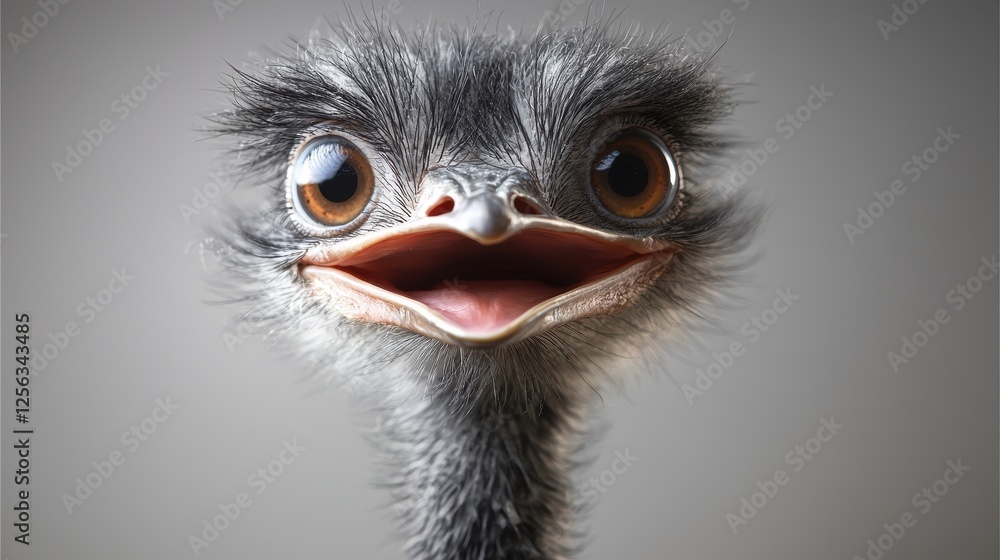 Poster close-up of a smiling ostrich with large expressive eyes.
