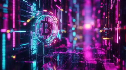 Fototapeta premium Neon Bitcoin symbol in futuristic digital city.