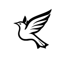 Dove in Flight: Minimalist, Black and White Illustration of a Flying Bird with Wide Wings.