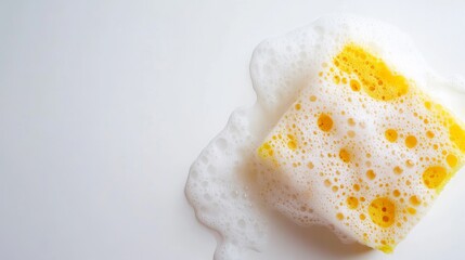 A yellow soapy sponge with foam on a white background Cleaning concept Copy space