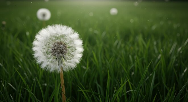 Close-up of dandelion seed head in verdant field with soft focus background
