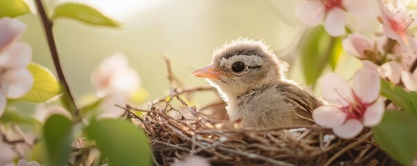 Chick nestled in blossoms: baby bird in springtime floral nest