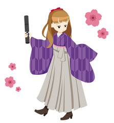 卒業式で紫の二尺袖に袴を着た女の子のイラスト
