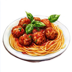 Watercolor illustration of spaghetti with meatballs in tomato sauce isolated on white background