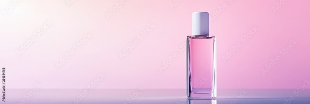 Poster Sleek cosmetic bottle on reflective surface with pastel background and blank area for text display. Generative AI