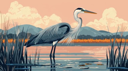 A serene heron stands gracefully by the water's edge, surrounded by lush reeds and scenic mountains under a pastel sky.