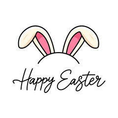greeting card with easter bunny ears and greeting inscription Happy Easter. flat vector illustration