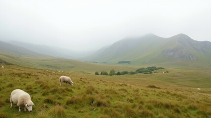 Fototapeta premium Lush Green Landscape with Grazing Sheep on Overcast Day in Mountains